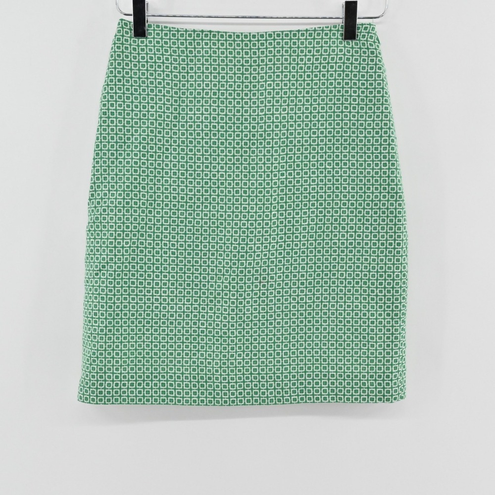 Boden Wool Linen Geometric Pencil Skirt Womens Size 2 Green White Mod Retro Mini